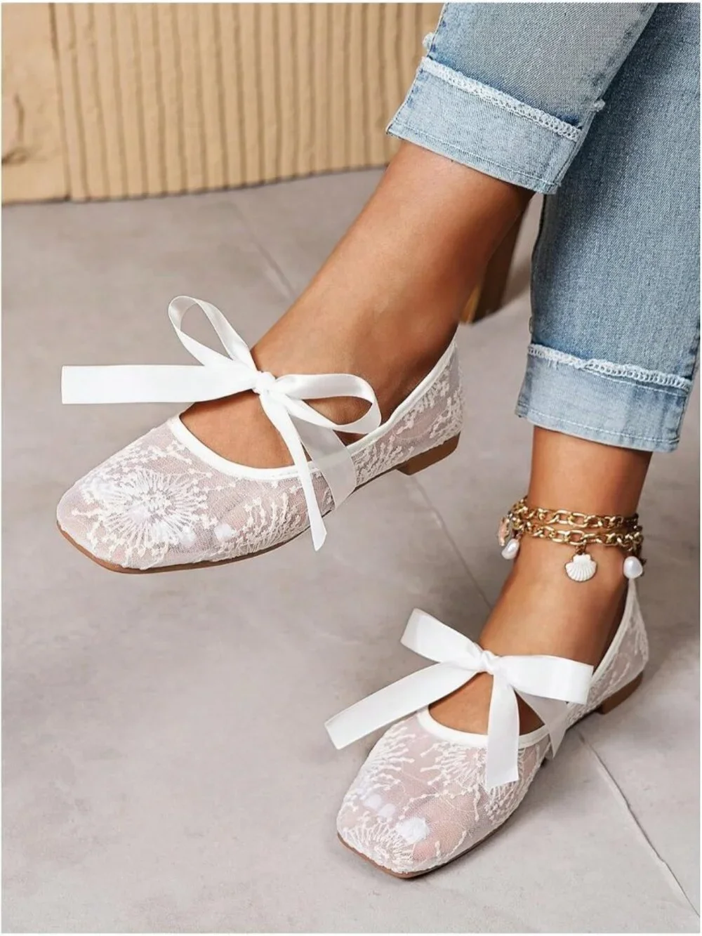 Women's White Flower Floral Lace Mesh Ballet Flats Square Toe Bow Dress Shoes